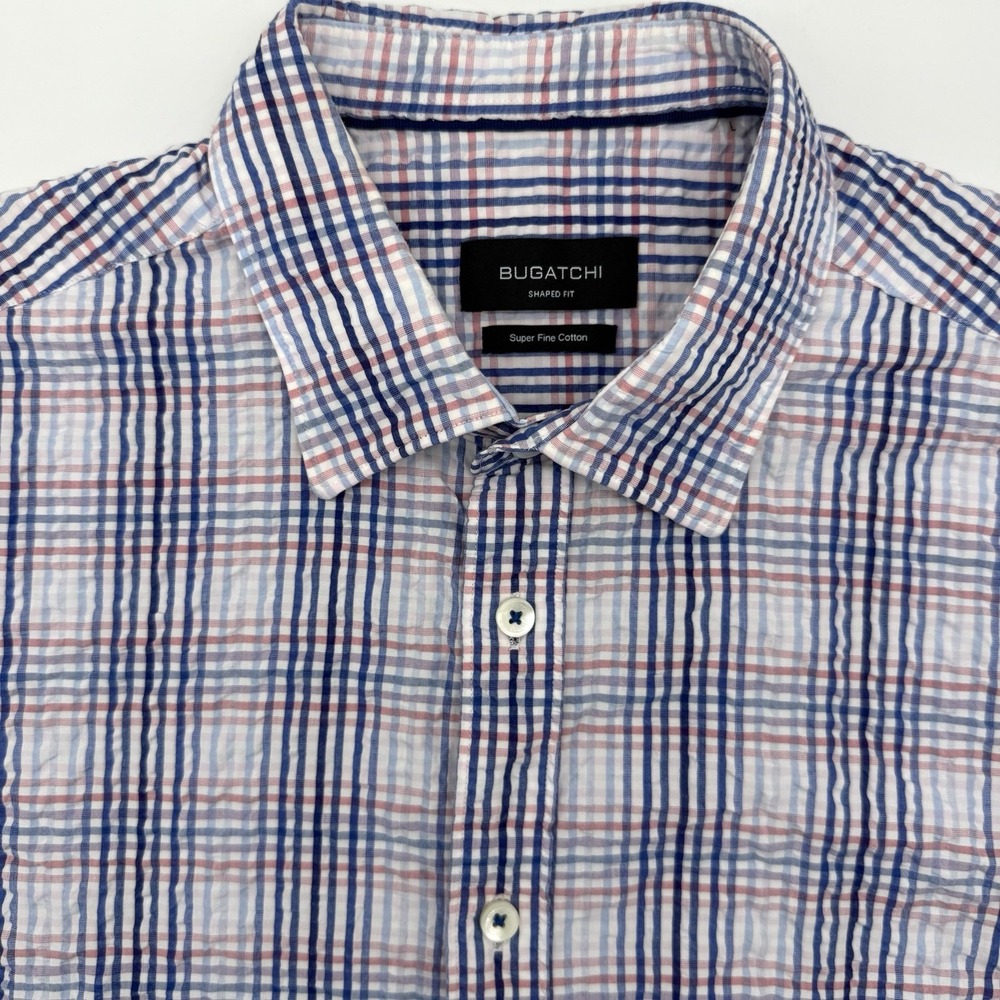 Bugatchi Button Up Mens Large Pink Blue Plaid Shaped Fit Short Sleeve BS3202S50S